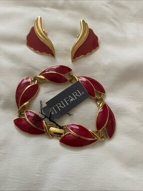 Trifari Gold-Tone Bracelet and Earrings with Red Enamel Leaves